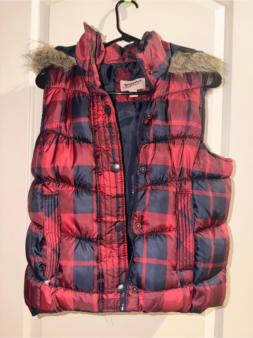 Arizona Jean Company Red & Navy Plaid Puffer Vest with Faux Fur Trim
